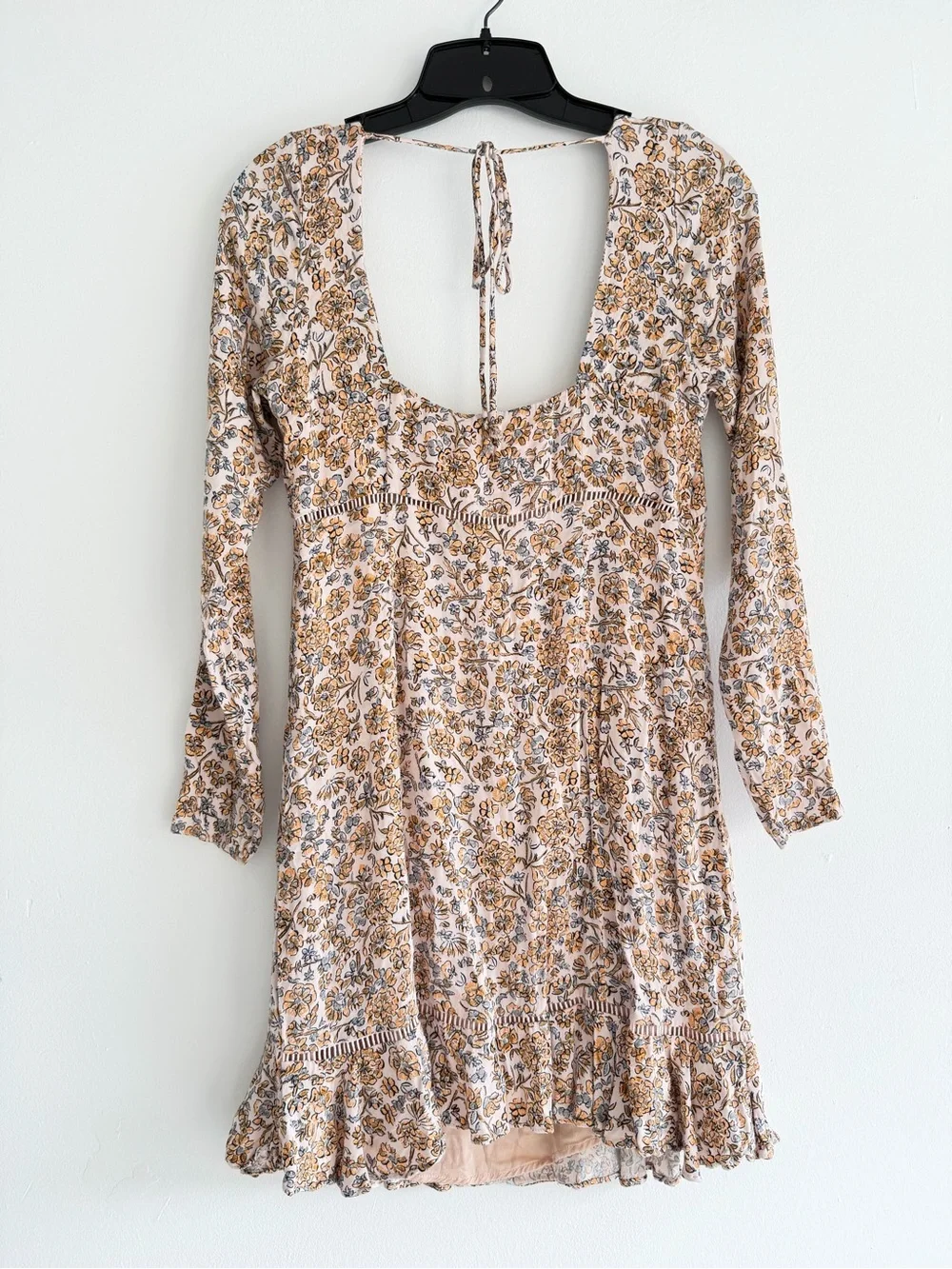 Free People Boheme Ivory Floral Long Sleeve Mini Dress Size 10 8888